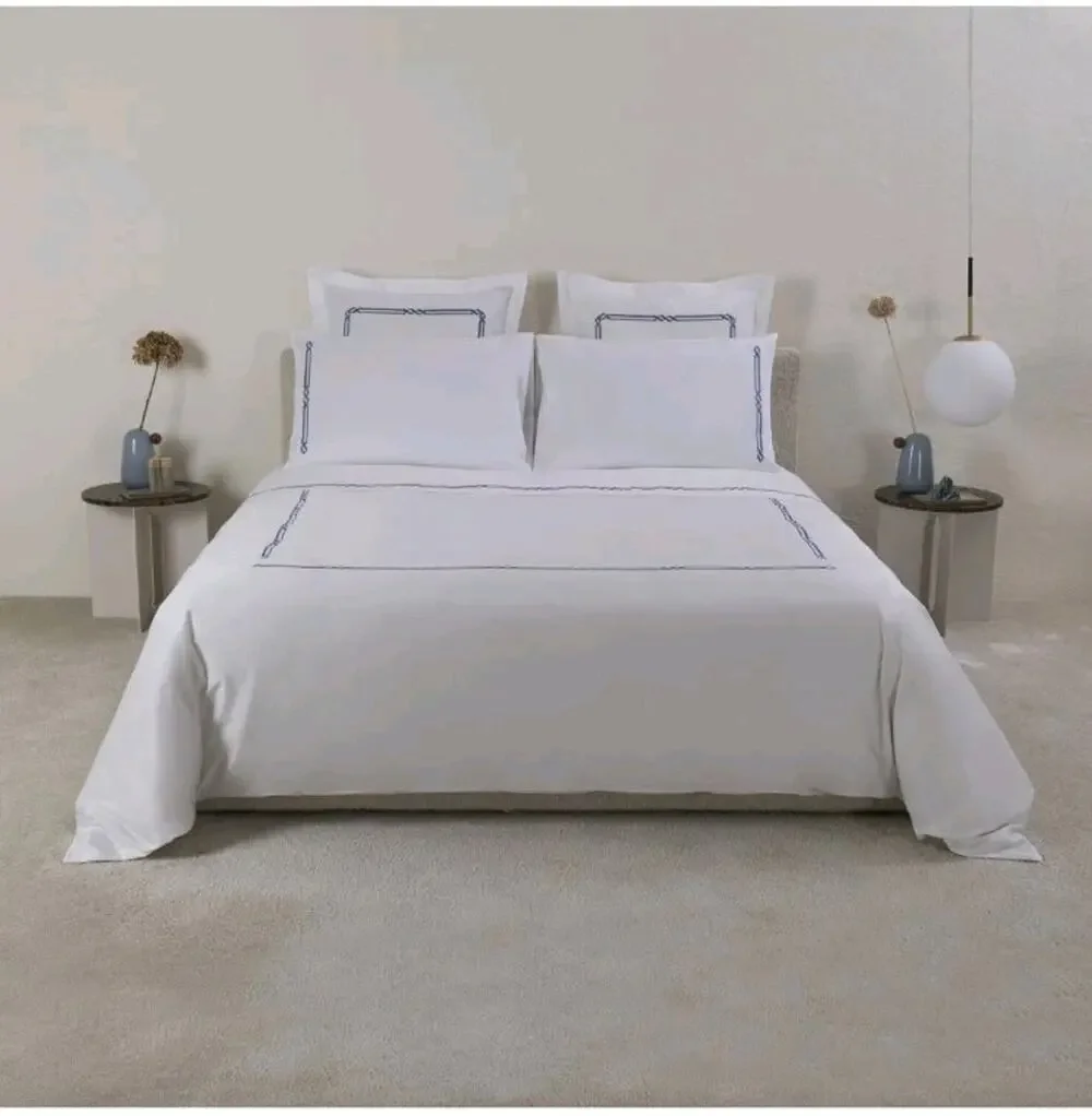 Frette Frame White Navy Embroidery Cotton King Duvet New